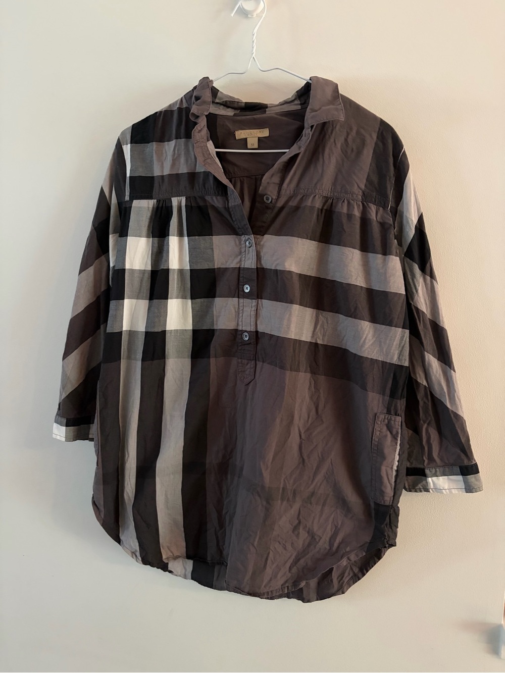 Vintage Burberry Plaid Button-Front Top in Black & Gray